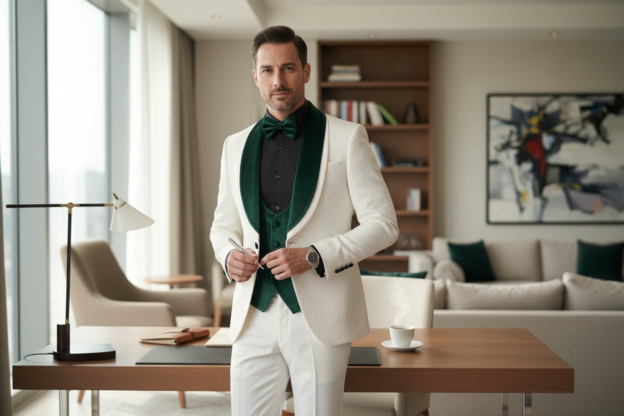 Men’s White Floral Tuxedo with Emerald Velvet Lapel, Vest & Dark Green Pants