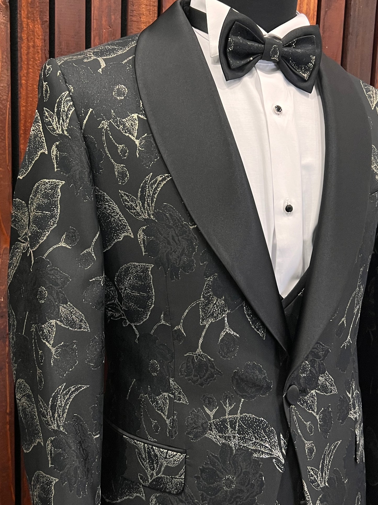 Men’s Black and Gold Floral Tuxedo | Wedding & Prom Tux