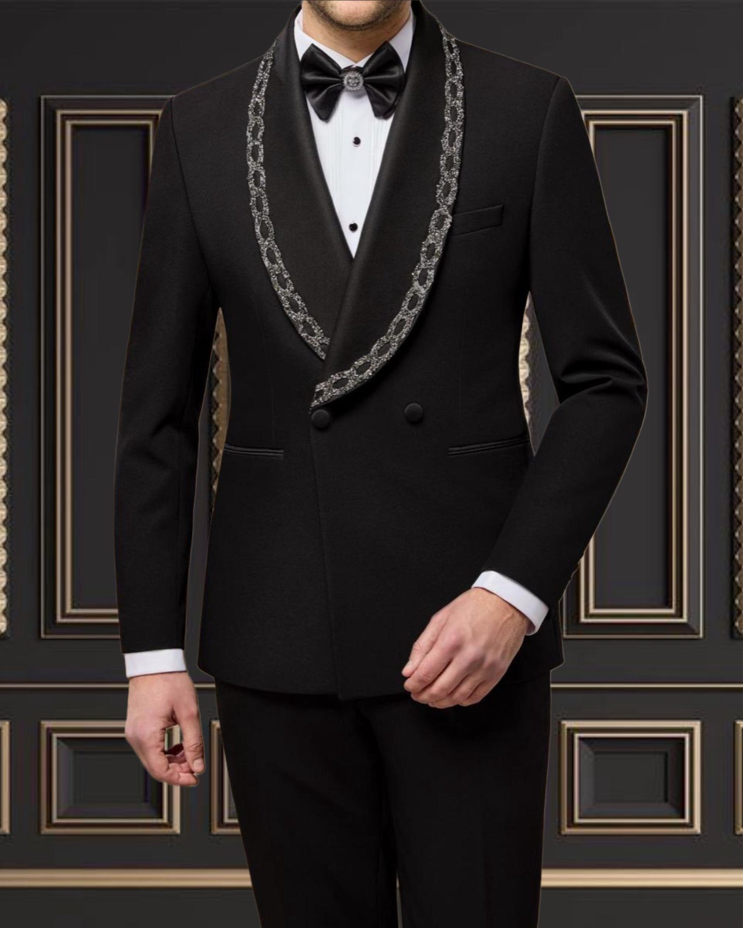 Men’s Black Tuxedo with Embroidered Shawl Lapel