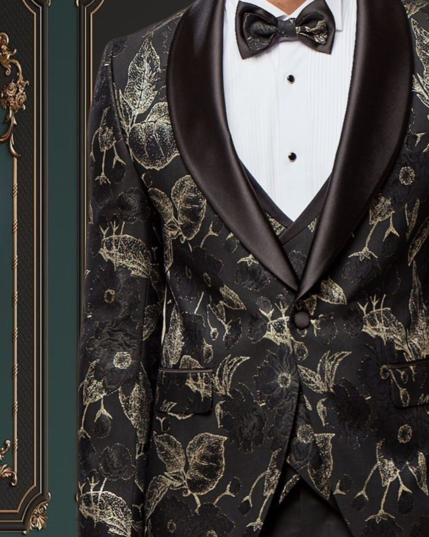 Men’s Black and Gold Floral Tuxedo | Wedding & Prom Tux