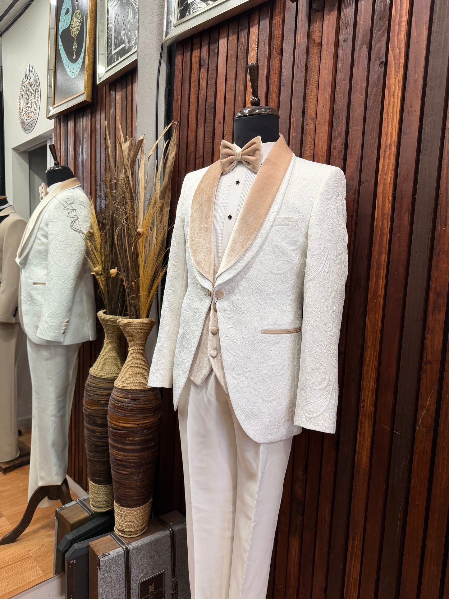 Men’s Off-White Floral Tuxedo with Champagne Velvet Lapel & Vest