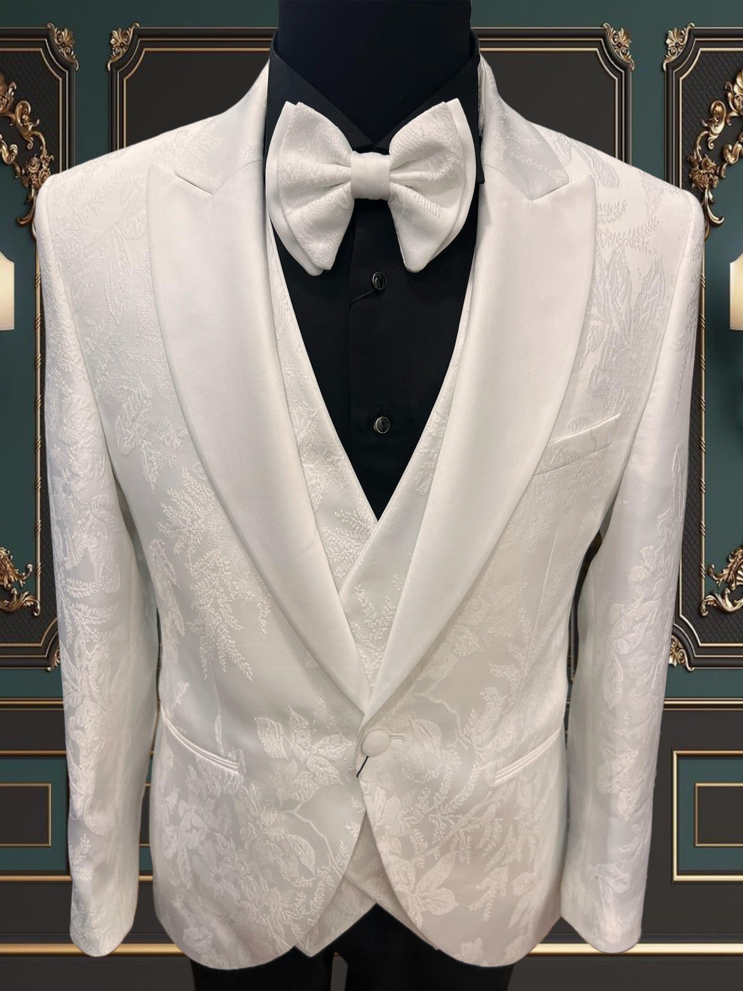 Men’s All-White Floral Tuxedo – Elegant Wedding Look | San Jose