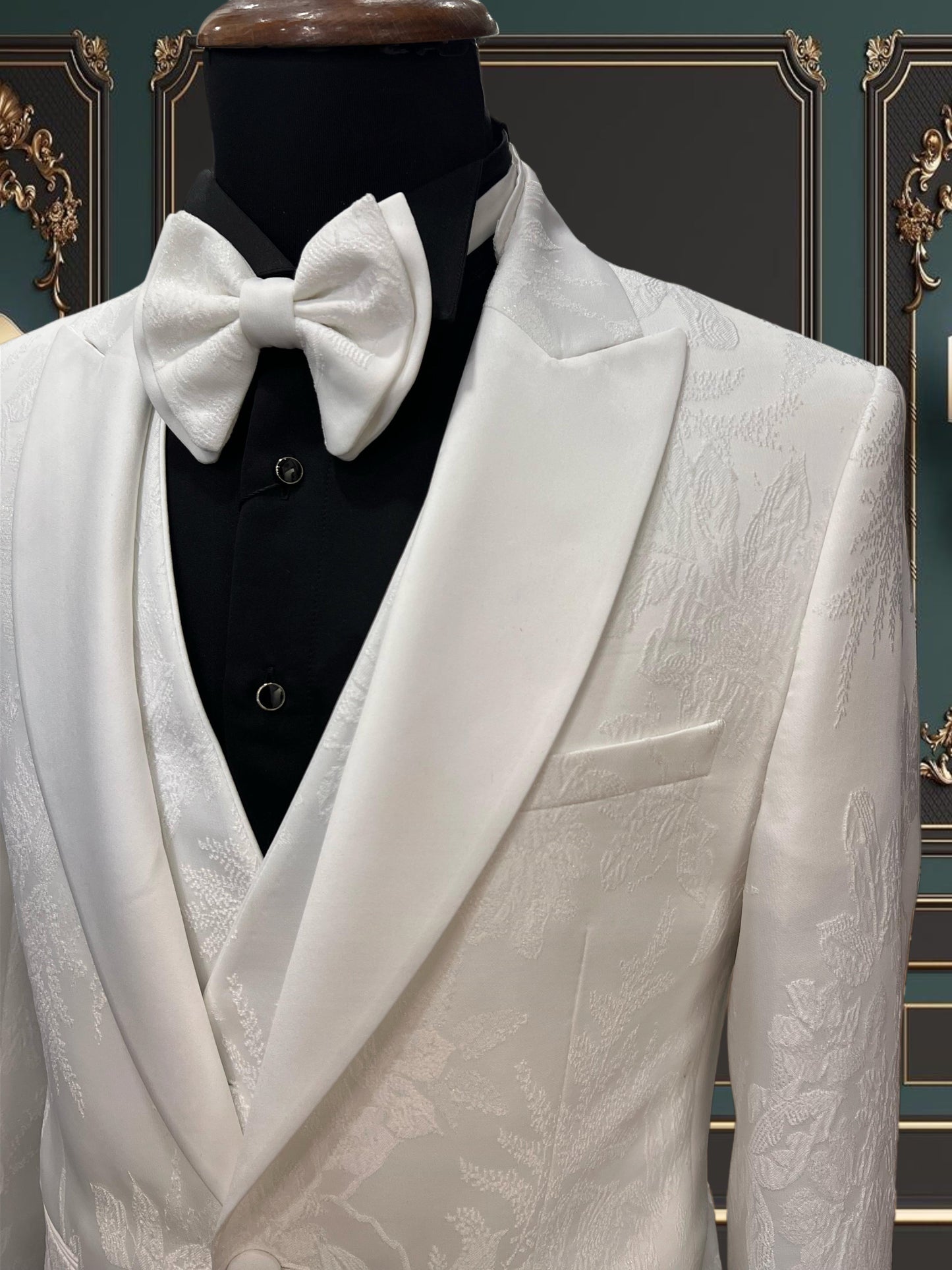 Men’s All-White Floral Tuxedo – Elegant Wedding Look | San Jose