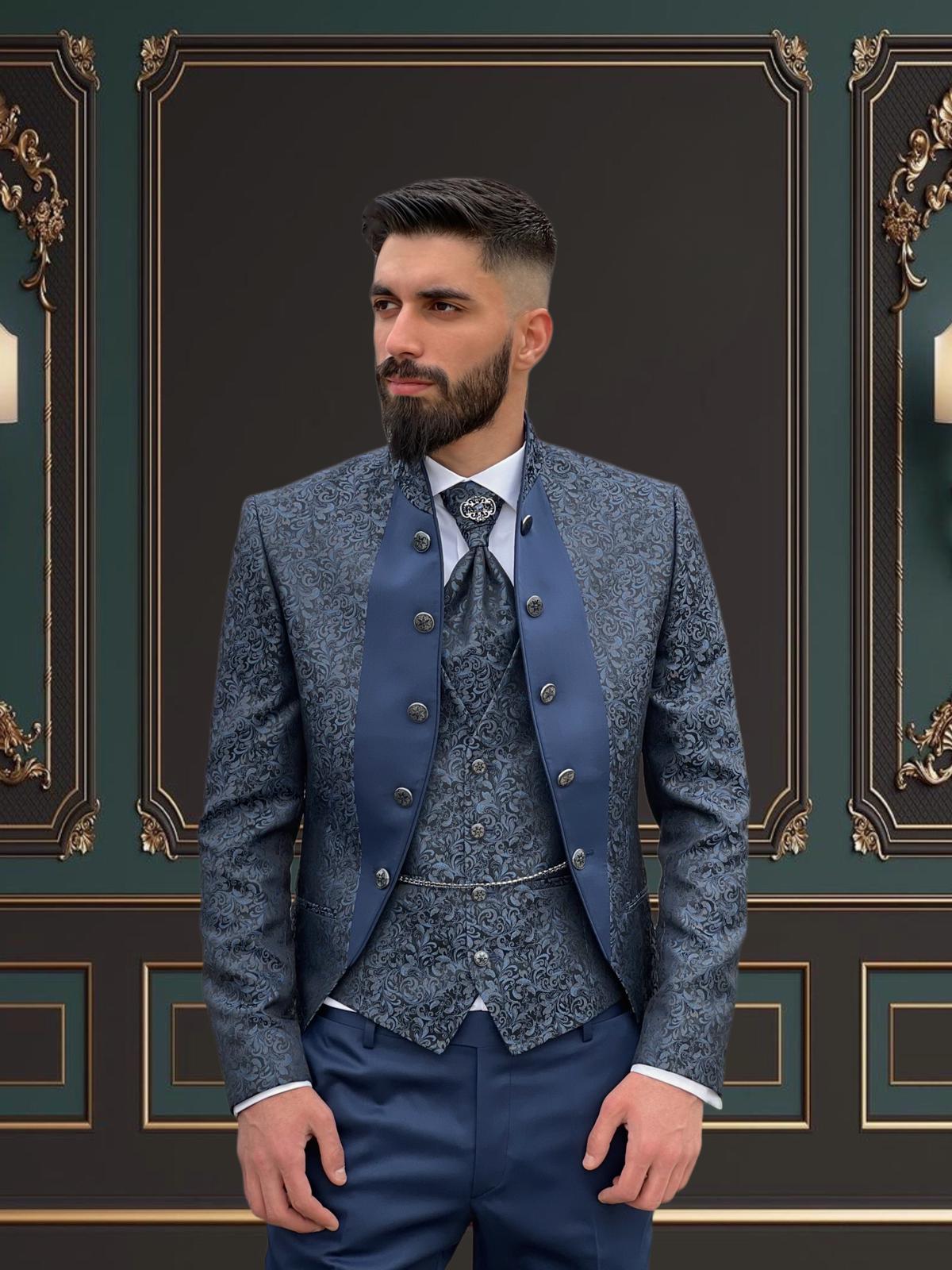 Men’s Light Blue Mandarin Collar Floral Tuxedo with Vest & Navy Pants