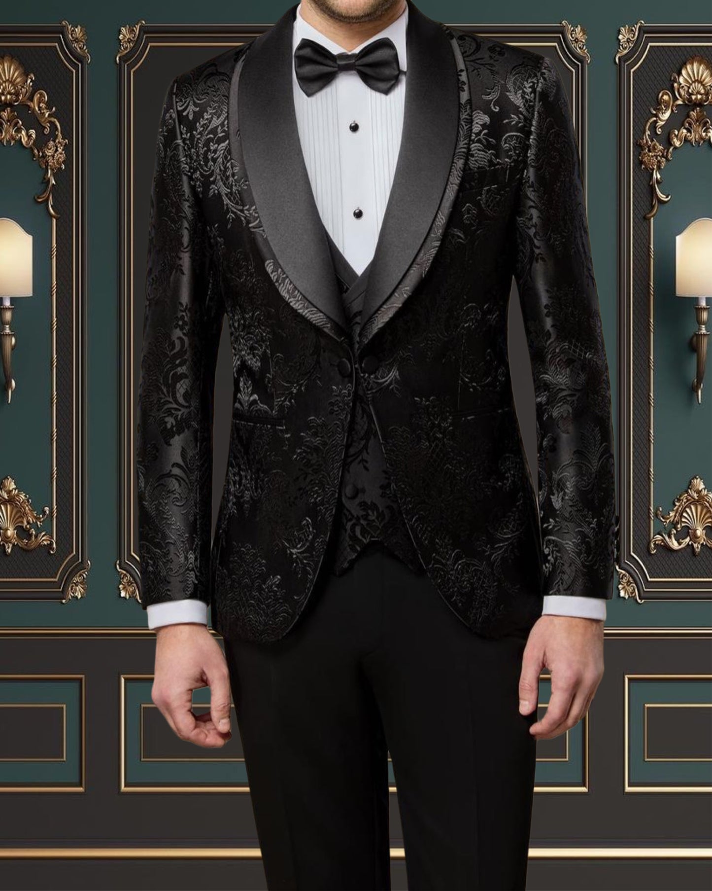 Men's Black Floral Shawl Lapel Tuxedo