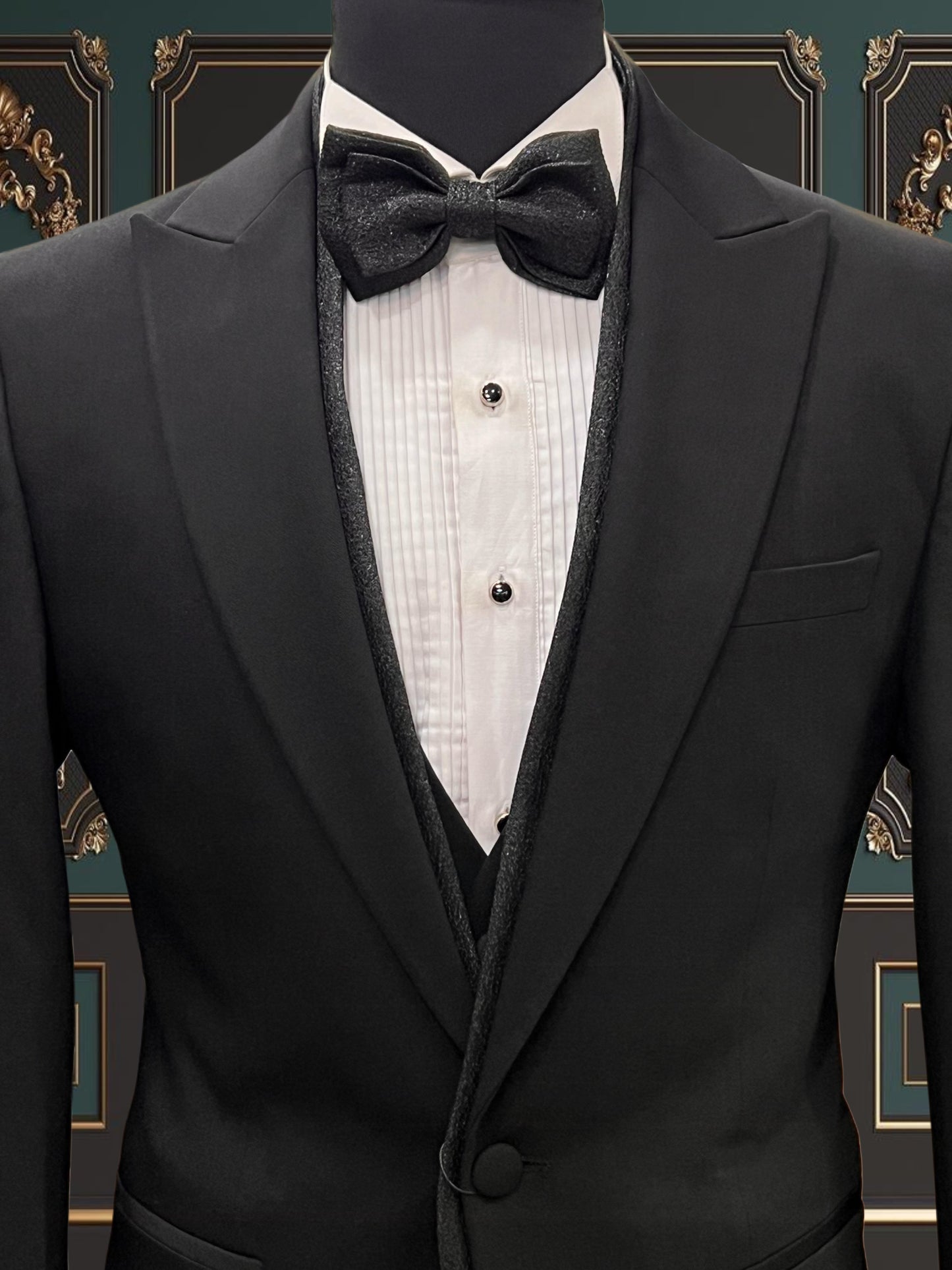 Black Peak Lapel Tuxedo with Shiny Trim | Shekly Tux San Jose