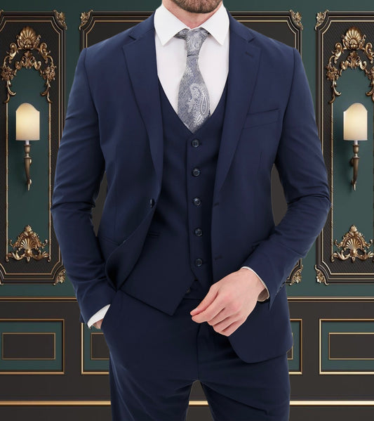 Navy Blue Slim Fit Mens Suit 3 Piece Peak Lapel