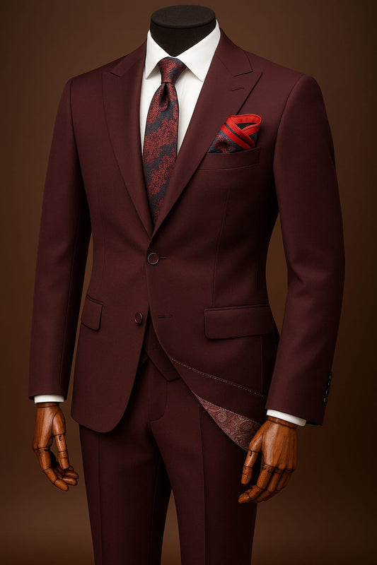 Premium Mens Dark Burgundy 3 Piece Suit Peak Lapel