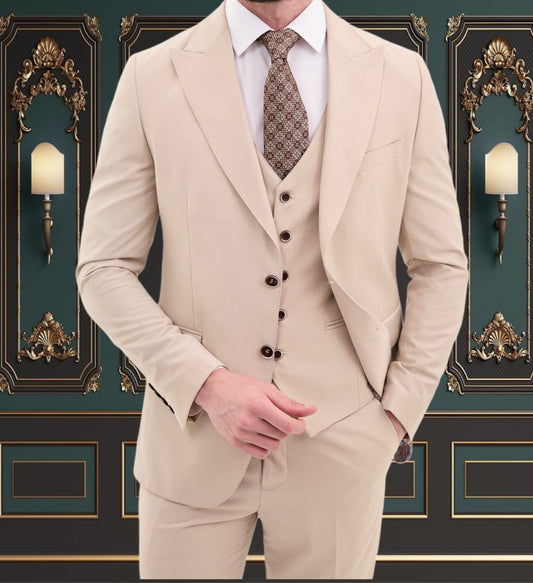 Stone Color Slim Fit Mens Suit 3 Piece Peak Lapel