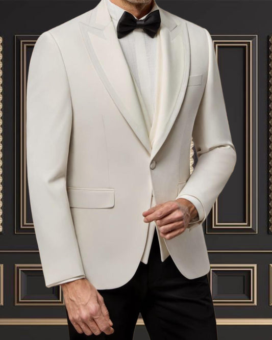 Premium Men’s Off White Tuxedo with Peak Lapel & Black Pants
