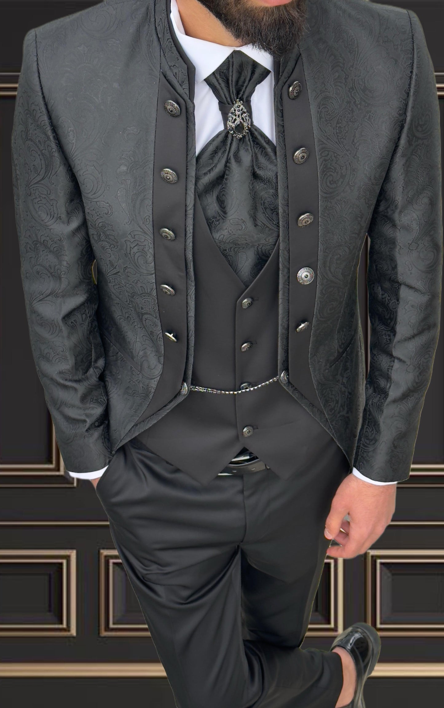 Premium Men’s Black Jacquard Tuxedo Mandarin Coller