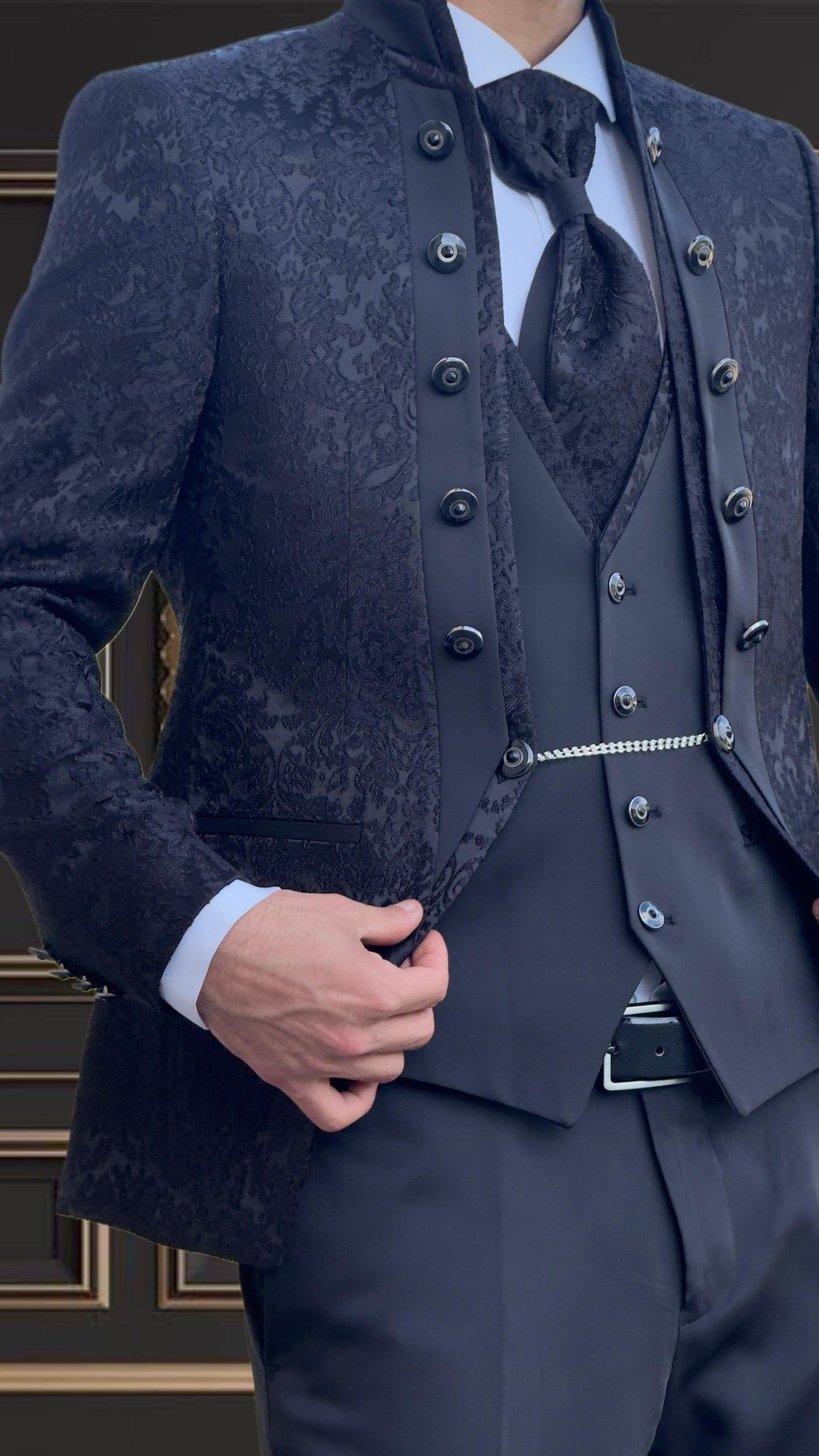 Men’s Black floral Tuxedo Mandarin collar | Shekly Tux San Jose