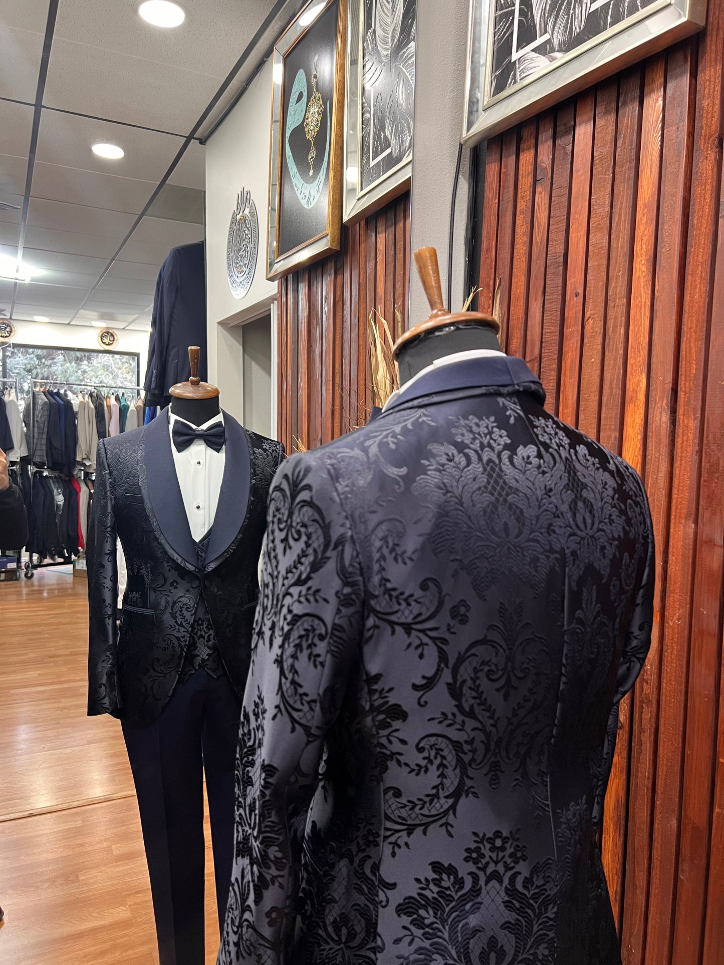 Men's Navy Blue Floral Shawl Lapel Tuxedo for Bay Area Events