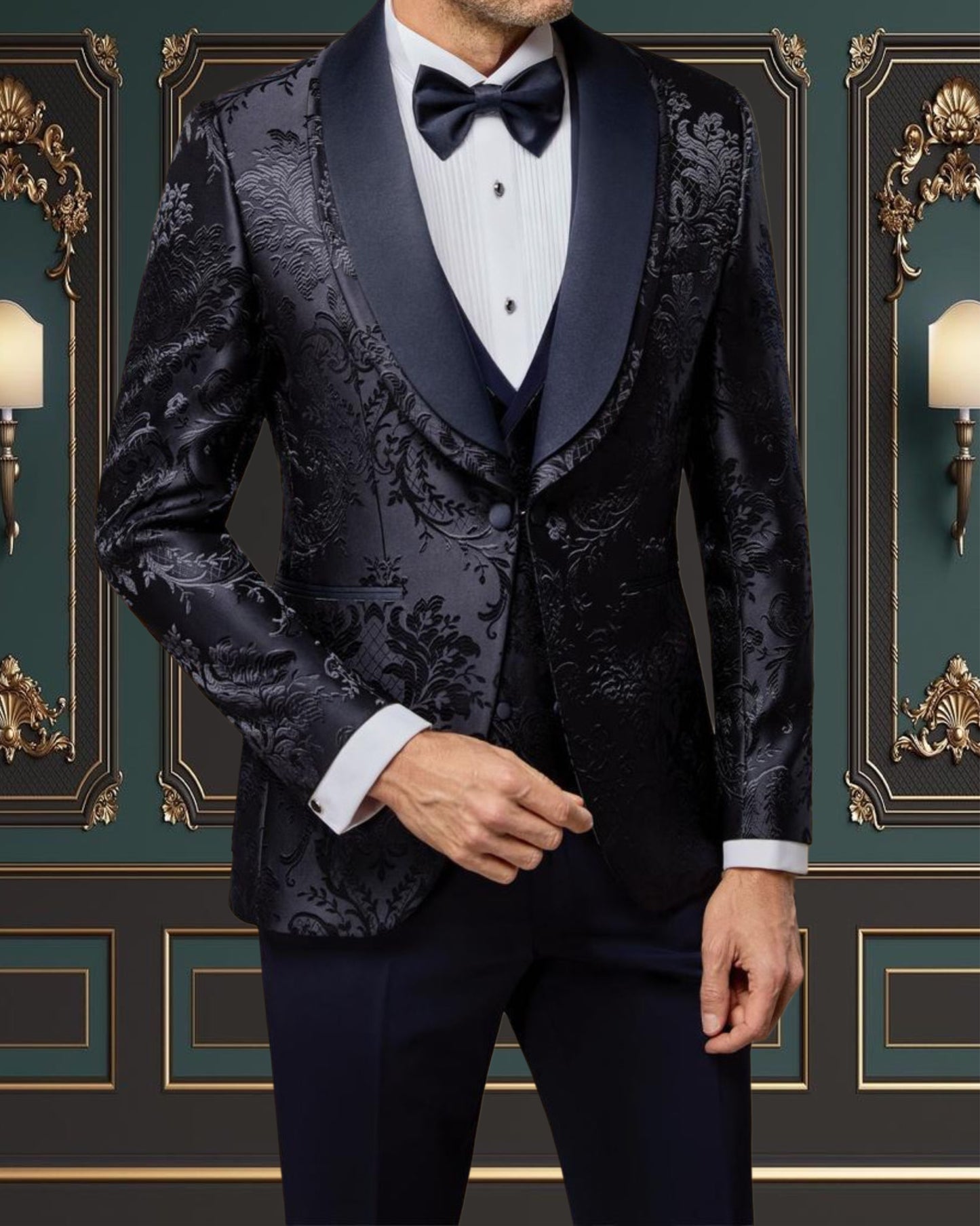 Men's Navy Blue Floral Shawl Lapel Tuxedo for Bay Area Events