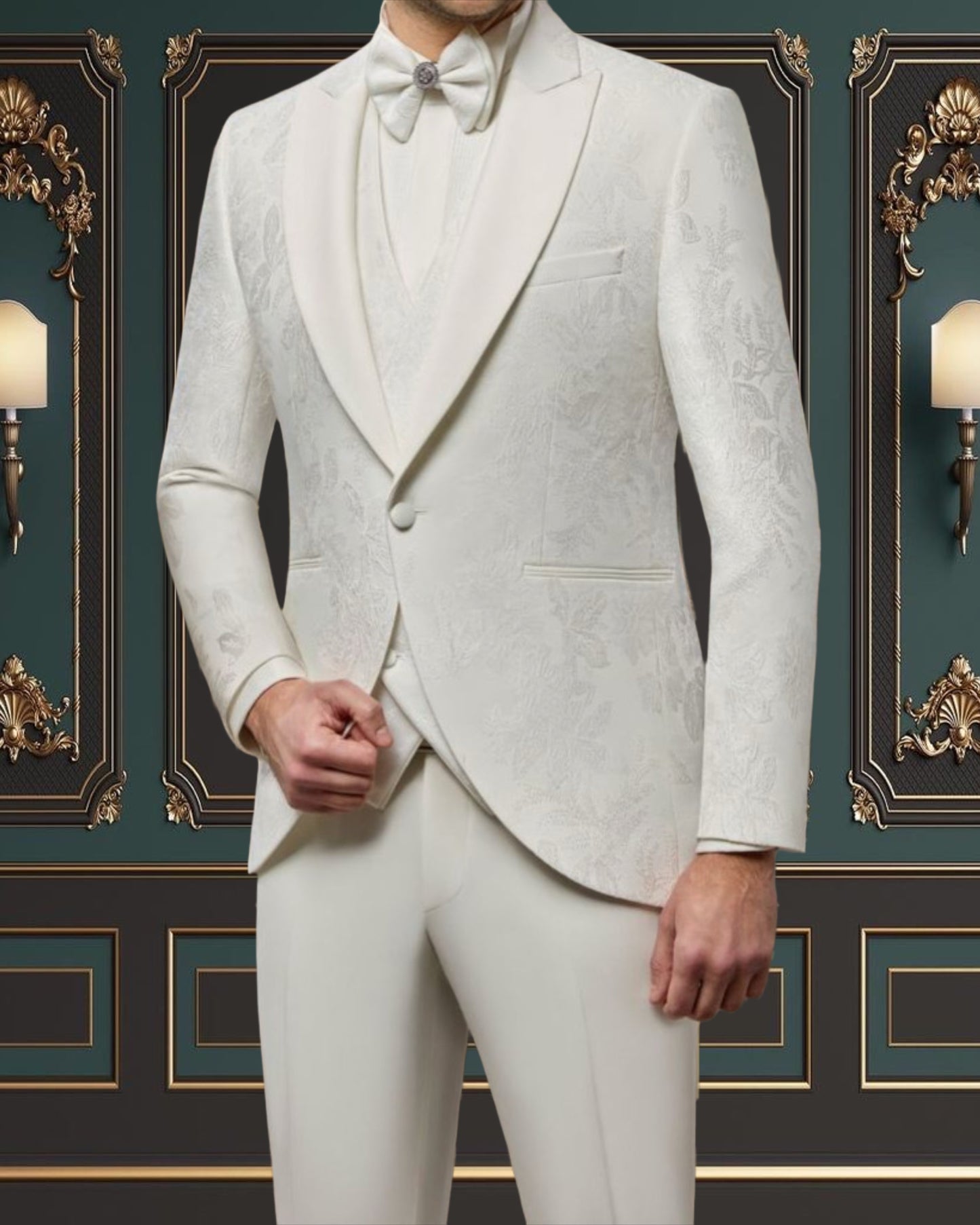 Men’s All-White Floral Tuxedo – Elegant Wedding Look | San Jose