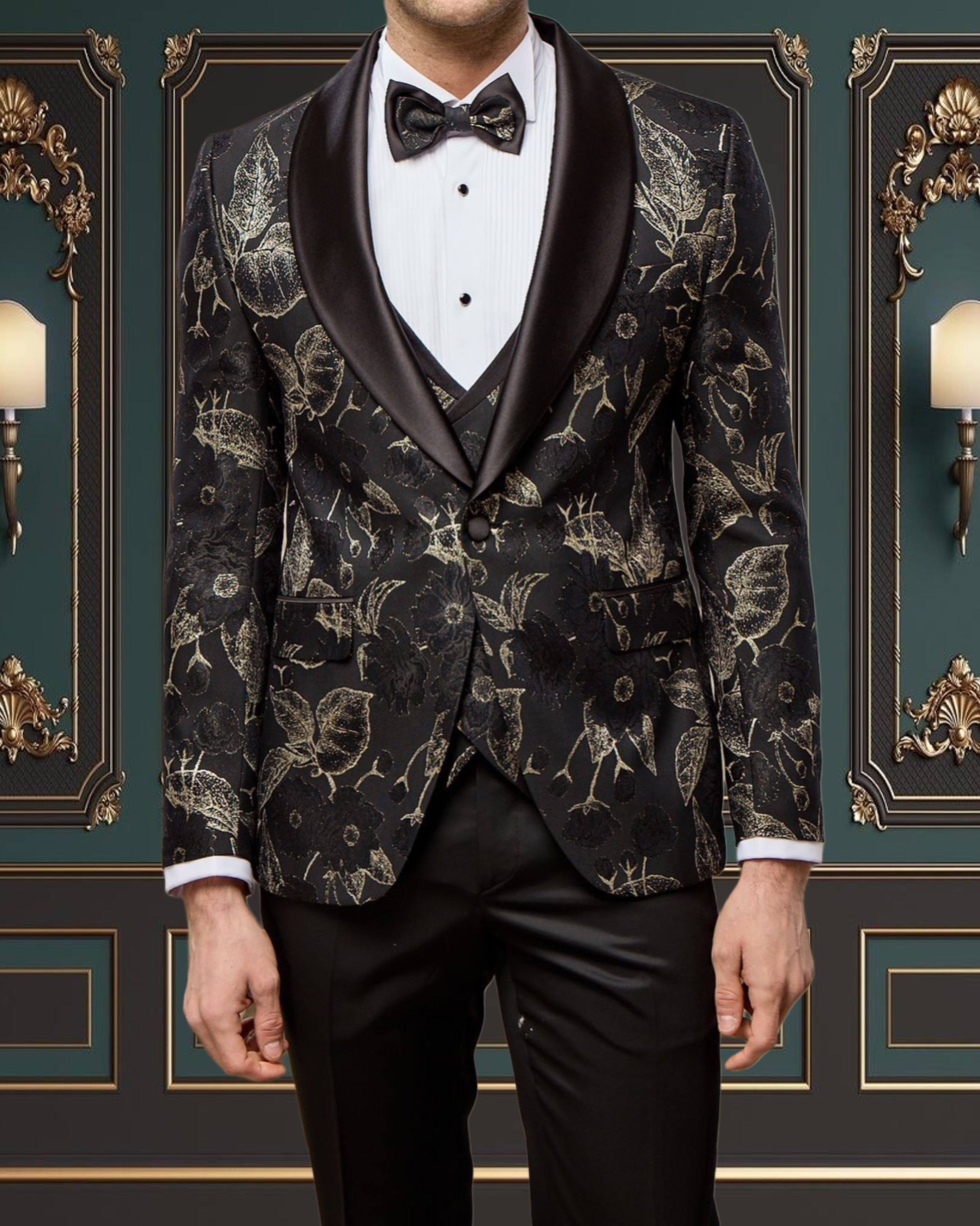 Mens Black and Gold Floral Tuxedo | Wedding & Prom Tux 48 US Size | 58 European Size Mens Black and Gold Floral Tuxedo | Wedding & Prom Tux 48 US Size | 58 European Size