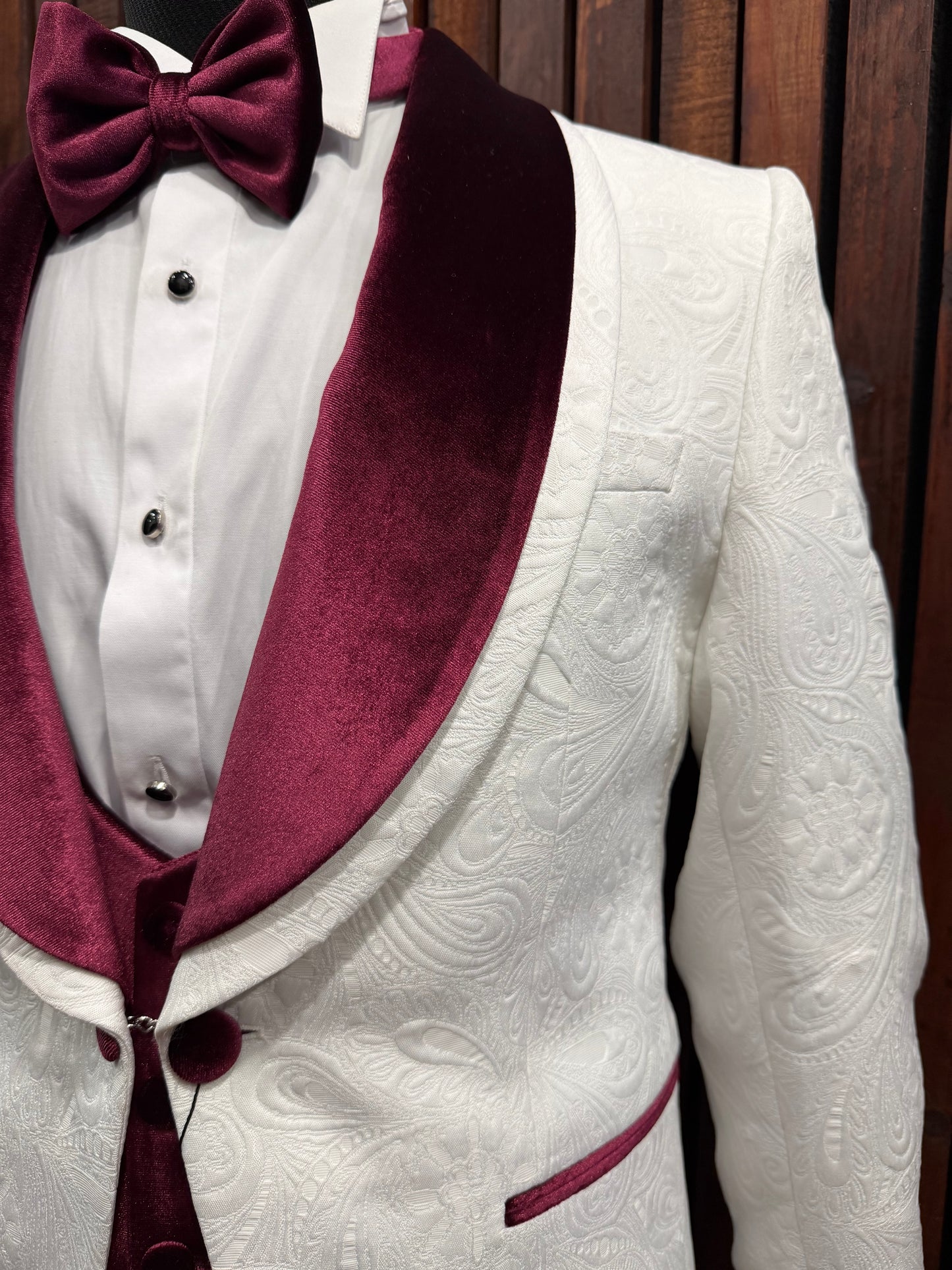 Men’s Off White Floral Tuxedo with Burgundy Velvet Lapel, Vest & Plum Pants