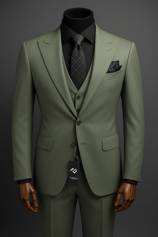 Premium Mens Sage Green 3 Piece Suit Peak Lapel