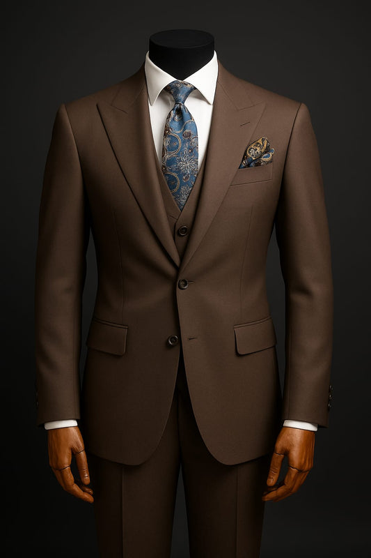 Premium Mens Brown 3 Piece Suit Peak Lapel