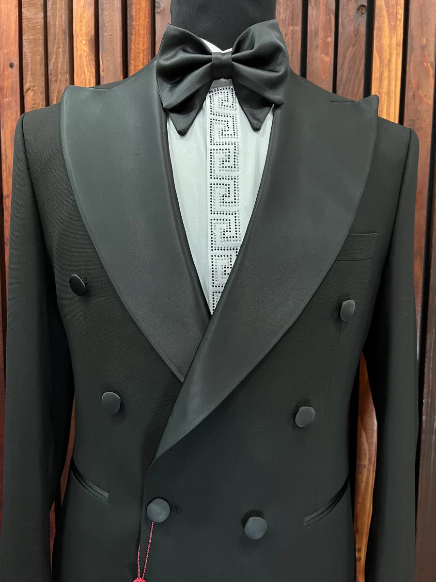 BLACK DOUBLE-BREASTED SLIM-FIT MENS TUXEDO 2 PIECE PEAK LAPEL
