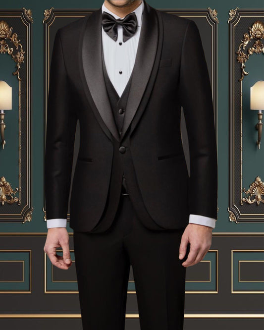 Special Edition Black Satin Shawl Lapel Tuxedo for Men | Shekly Tux San Jose