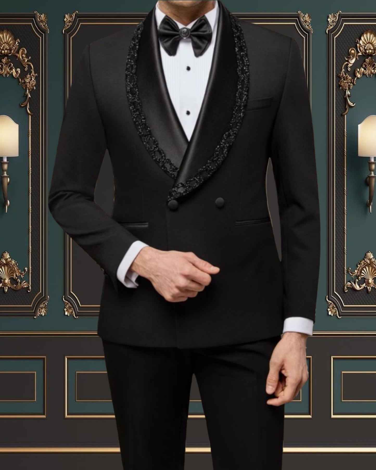 Men’s Black Tuxedo with Embroidered Shawl Lapel