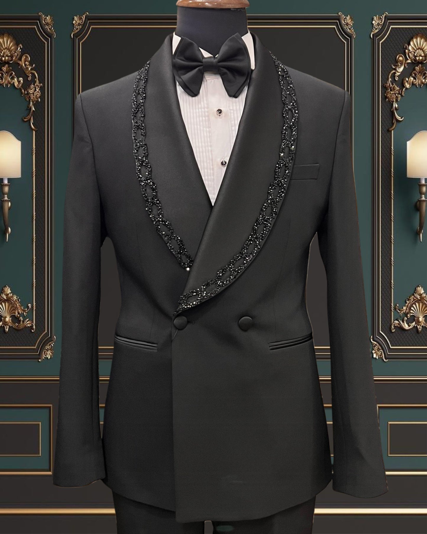 Men’s Black Tuxedo with Embroidered Shawl Lapel
