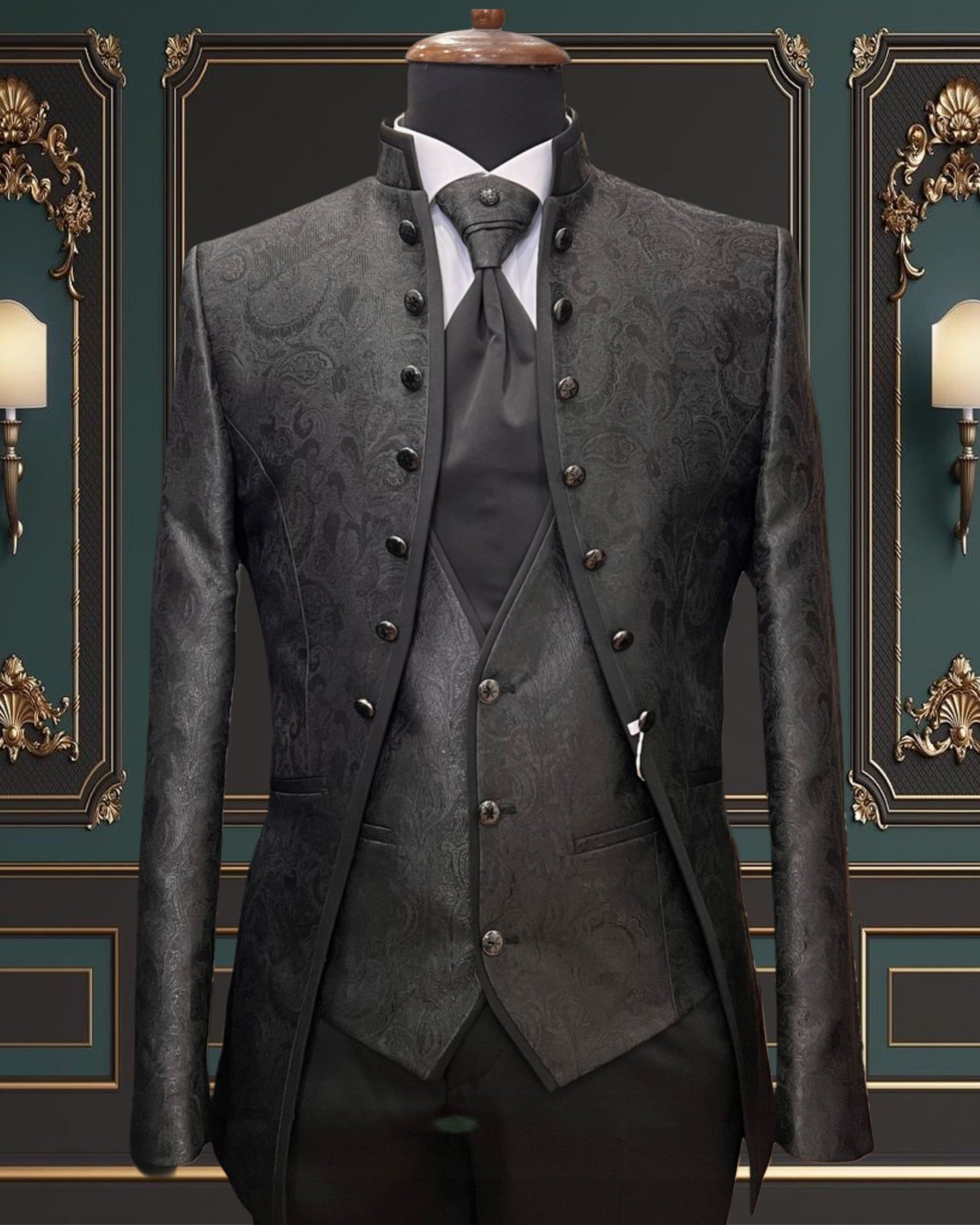 Men's Black Mandarin Collar Floral Tuxedo for Bay Area Weddings
