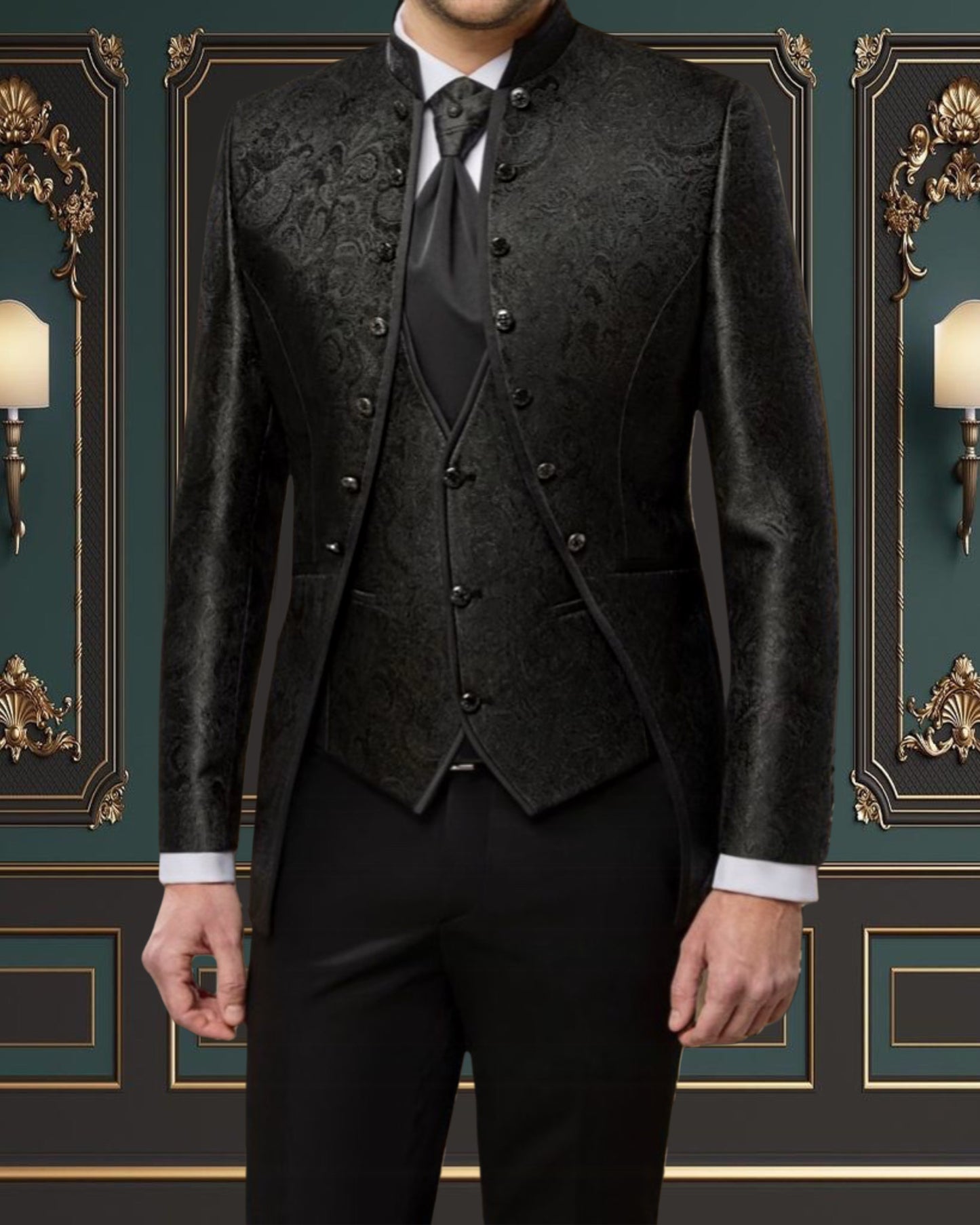 Men's Black Mandarin Collar Floral Tuxedo for Bay Area Weddings