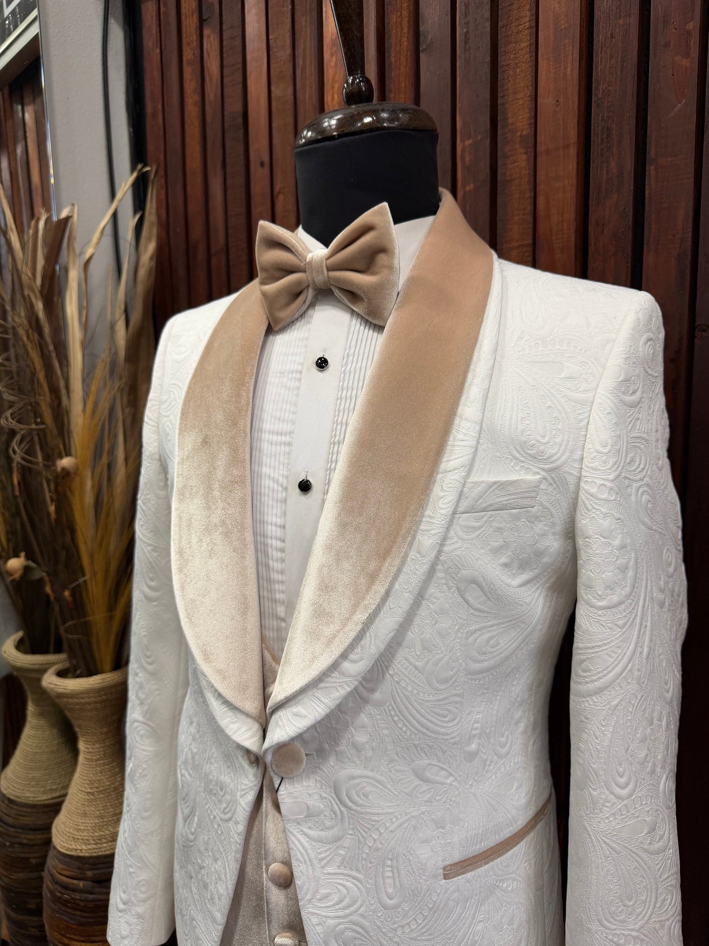Men’s Off-White Floral Tuxedo with Champagne Velvet Lapel & Vest