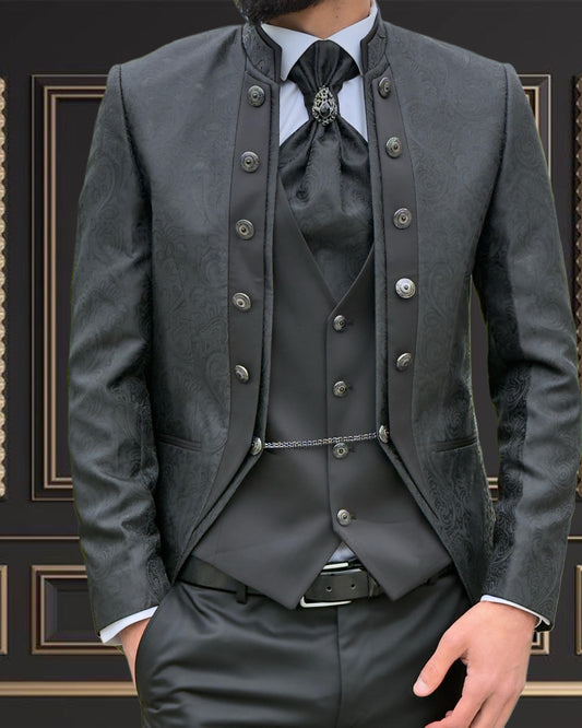 Premium Men’s Black Jacquard Tuxedo Mandarin Coller