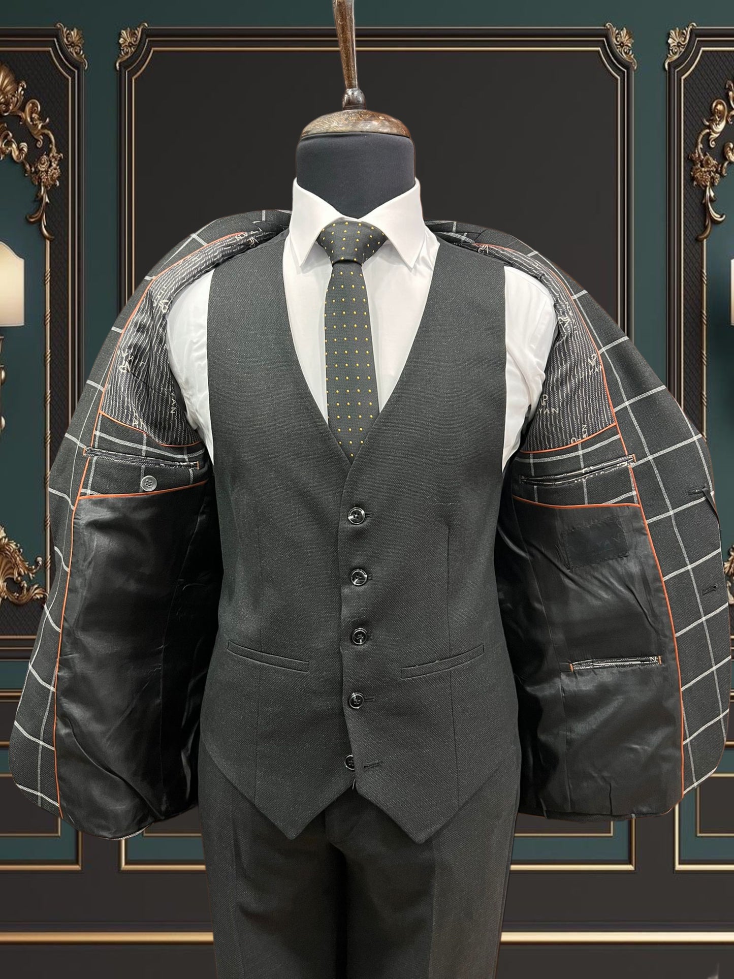 BLACK STRIPED SLIM-FIT MENS SUIT 3 PIECE PEAK LAPEL