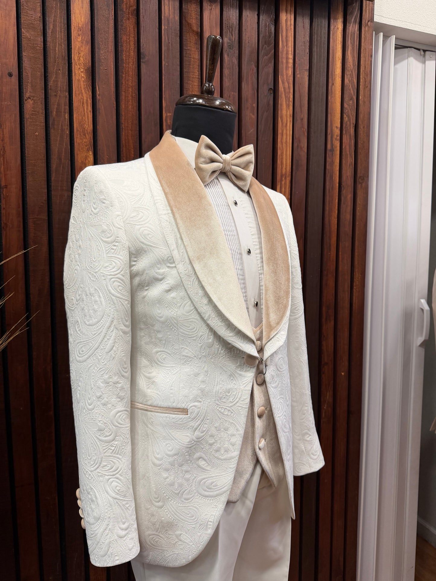 Men’s Off-White Floral Tuxedo with Champagne Velvet Lapel & Vest