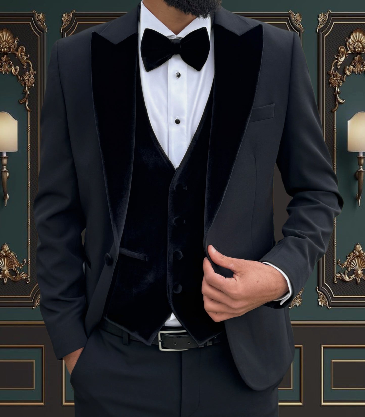 BLACK SLIM-FIT MENS TUXEDO 3 PIECE VELVET PEAK LAPEL