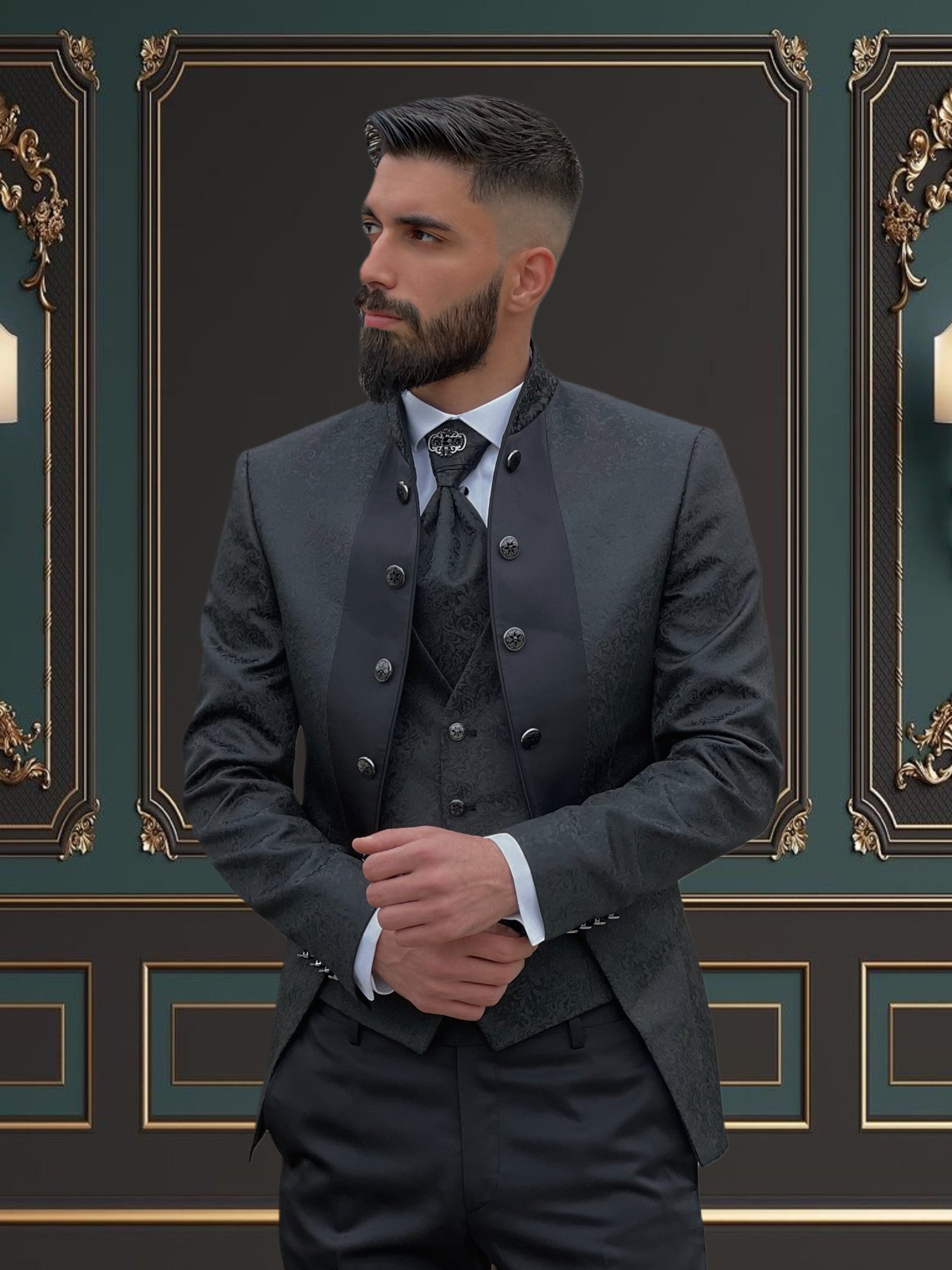 mandarin collar dress shirt with suit Mens Black Mandarin Collar Suit Set Hidden Single Breasted, Blazer & Pants Black / 48R