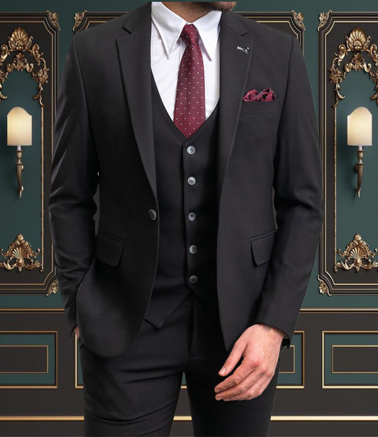 Black Slim Fit Mens Suit 3 Piece Peak Lapel