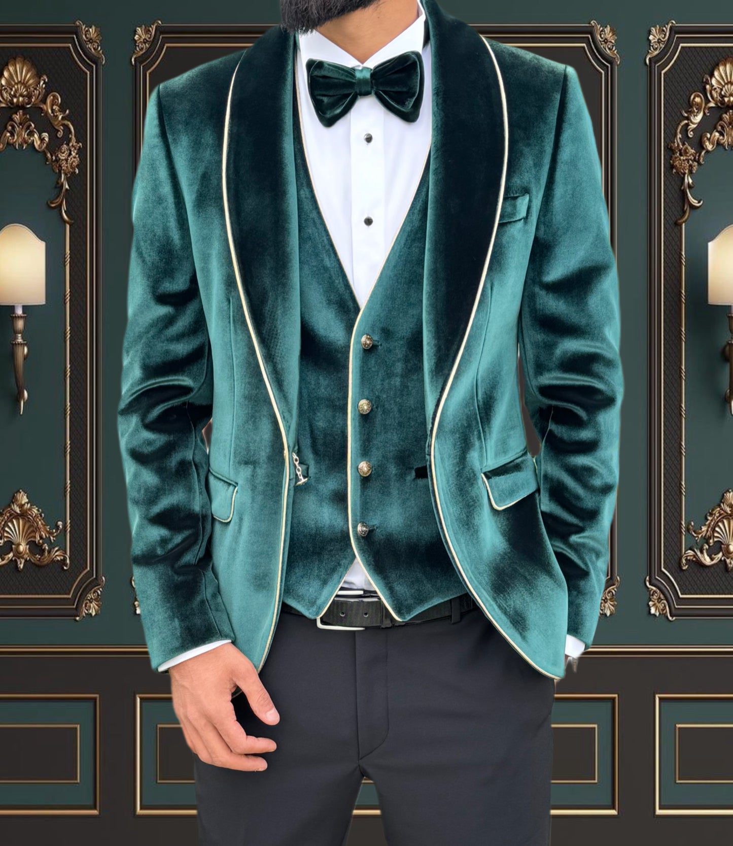 GREEN SLIM-FIT MENS VELVET TUXEDO 3 PIECE PEAK LAPEL