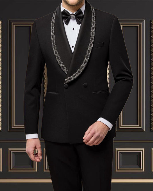 Men’s Black Tuxedo with Embroidered Shawl Lapel