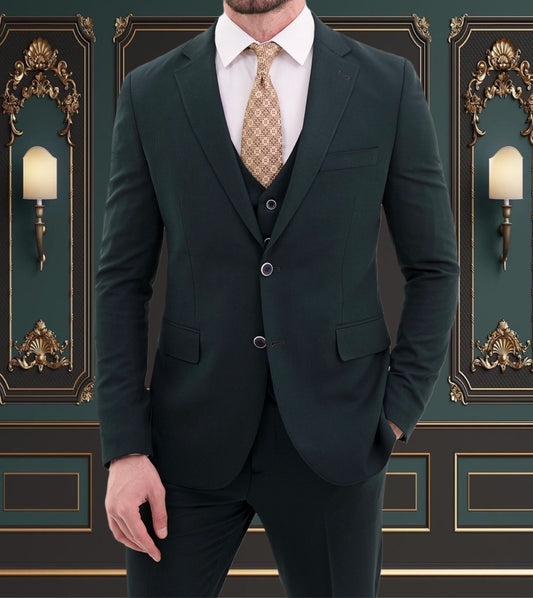 DARK GREEN SLIM-FIT MENS SUIT 3 PIECE PEAK LAPEL