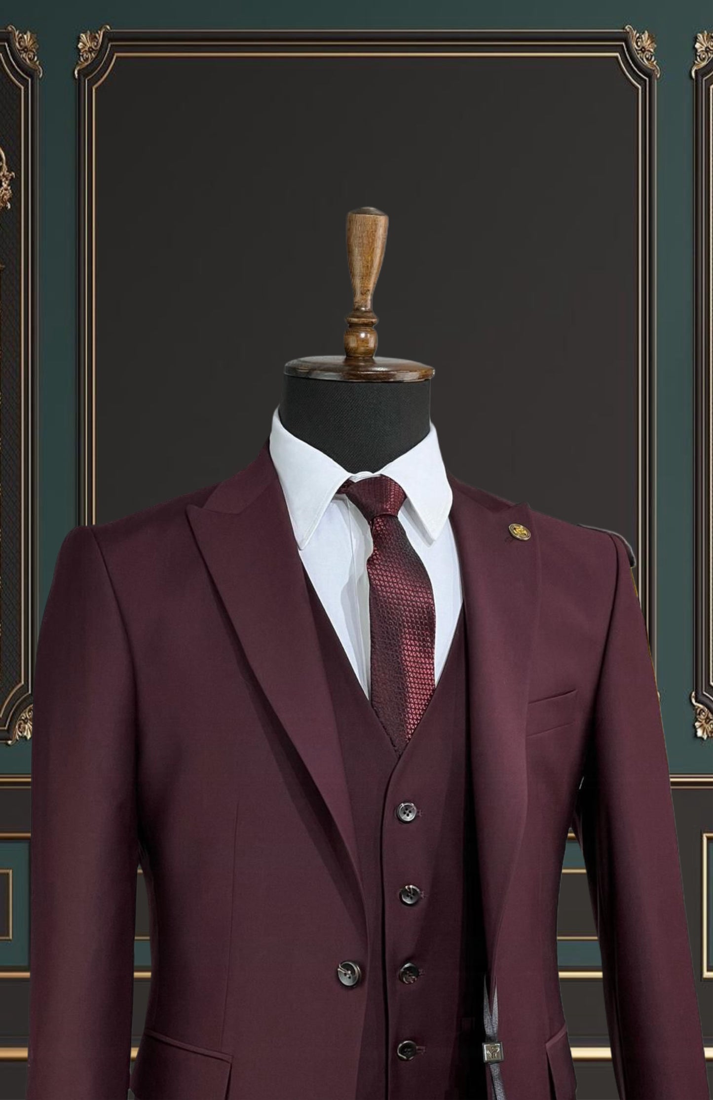 MAROON SLIM-FIT MENS SUIT 3 PIECE PEAK LAPEL