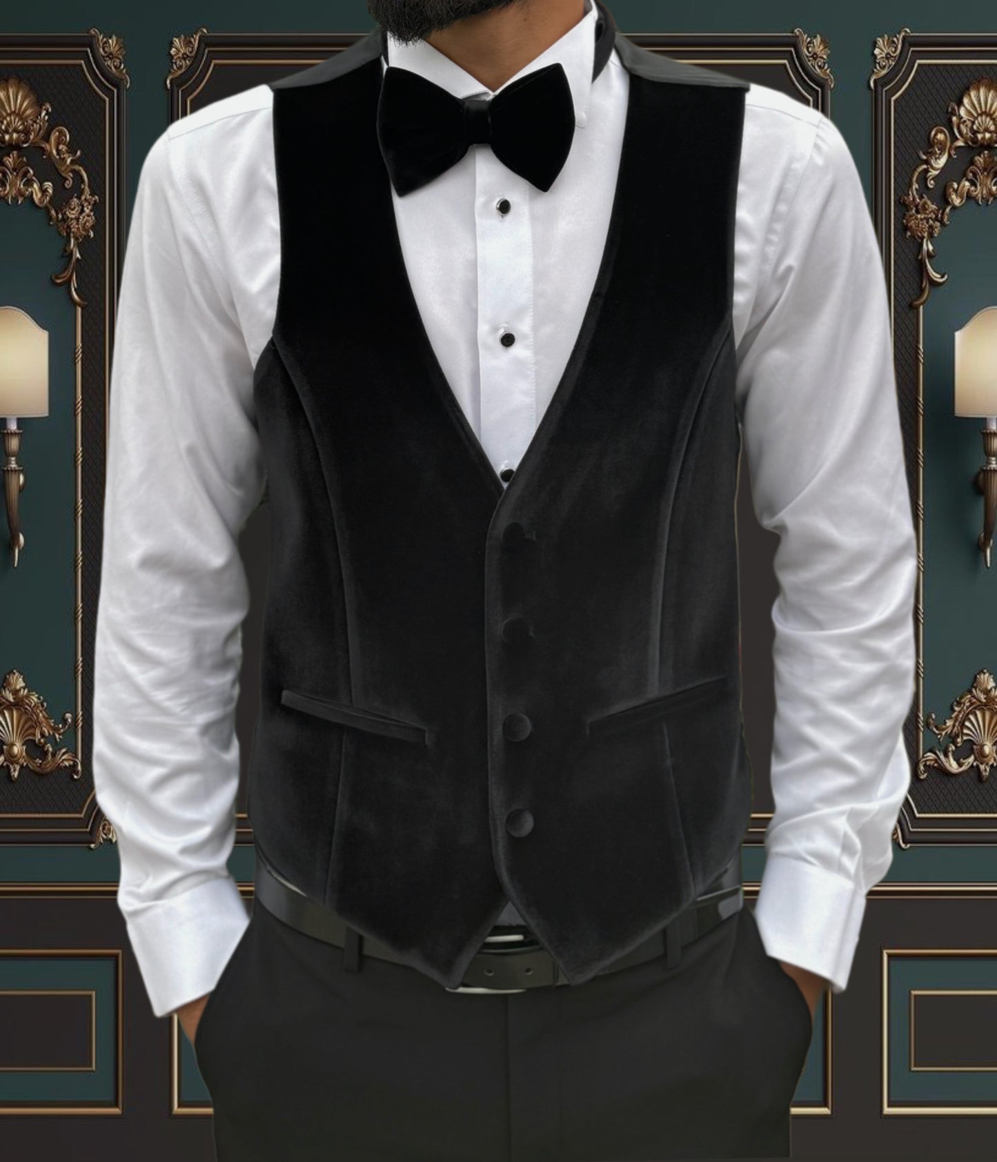 BLACK SLIM-FIT MENS TUXEDO 3 PIECE VELVET PEAK LAPEL