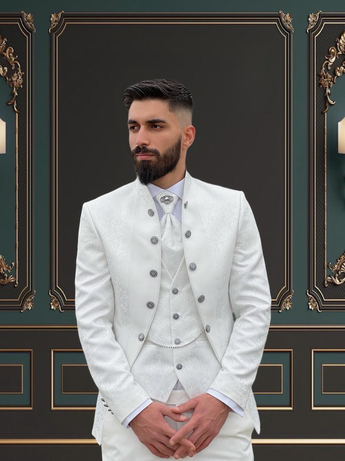 Men’s Off-White Mandarin Collar Floral Tuxedo Set with Vest & Brooch Tie