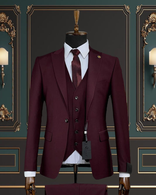 MAROON SLIM-FIT MENS SUIT 3 PIECE PEAK LAPEL