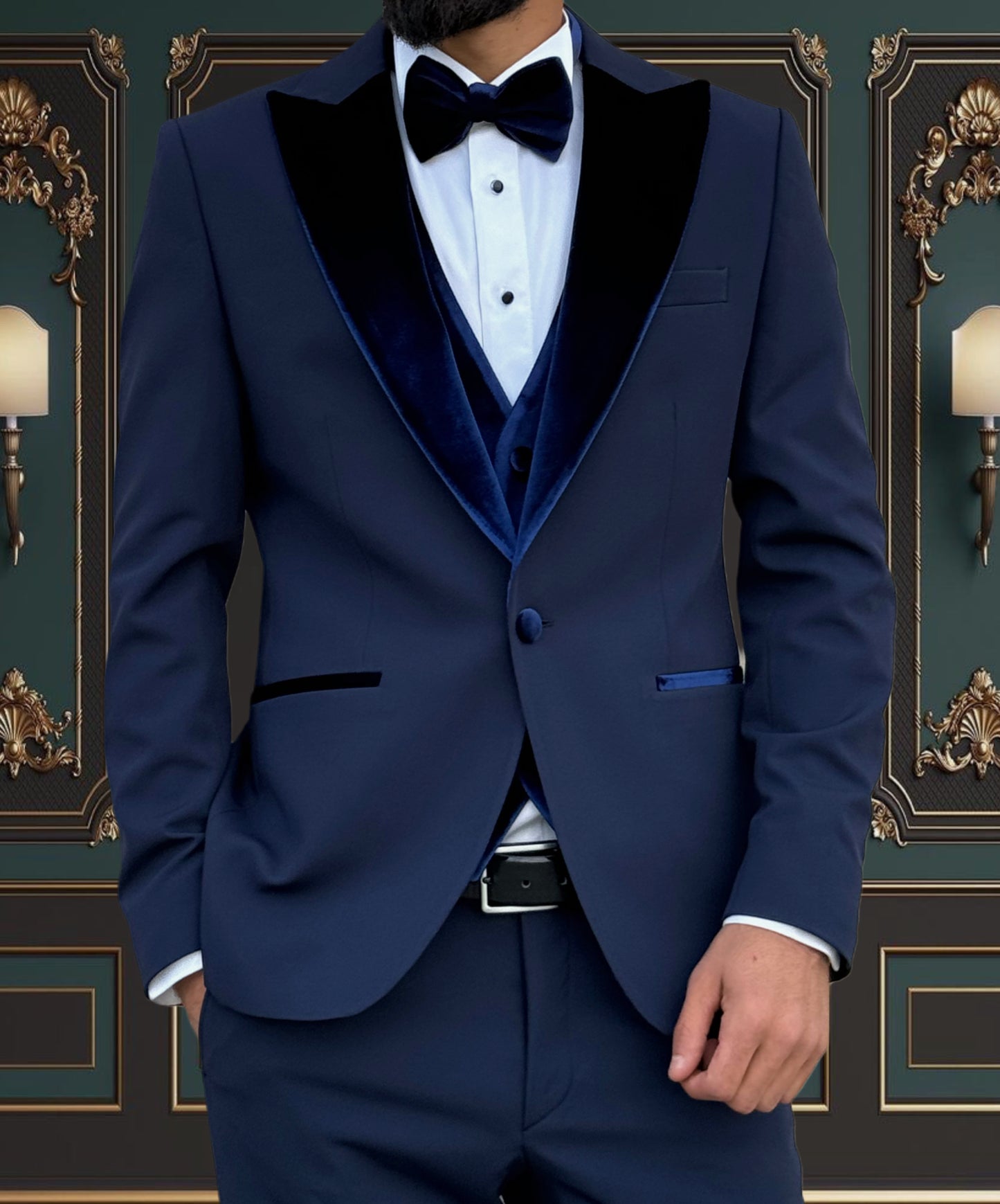 NAVY BLUE SLIM-FIT MENS TUXEDO 3 PIECE VELVET PEAK LAPEL