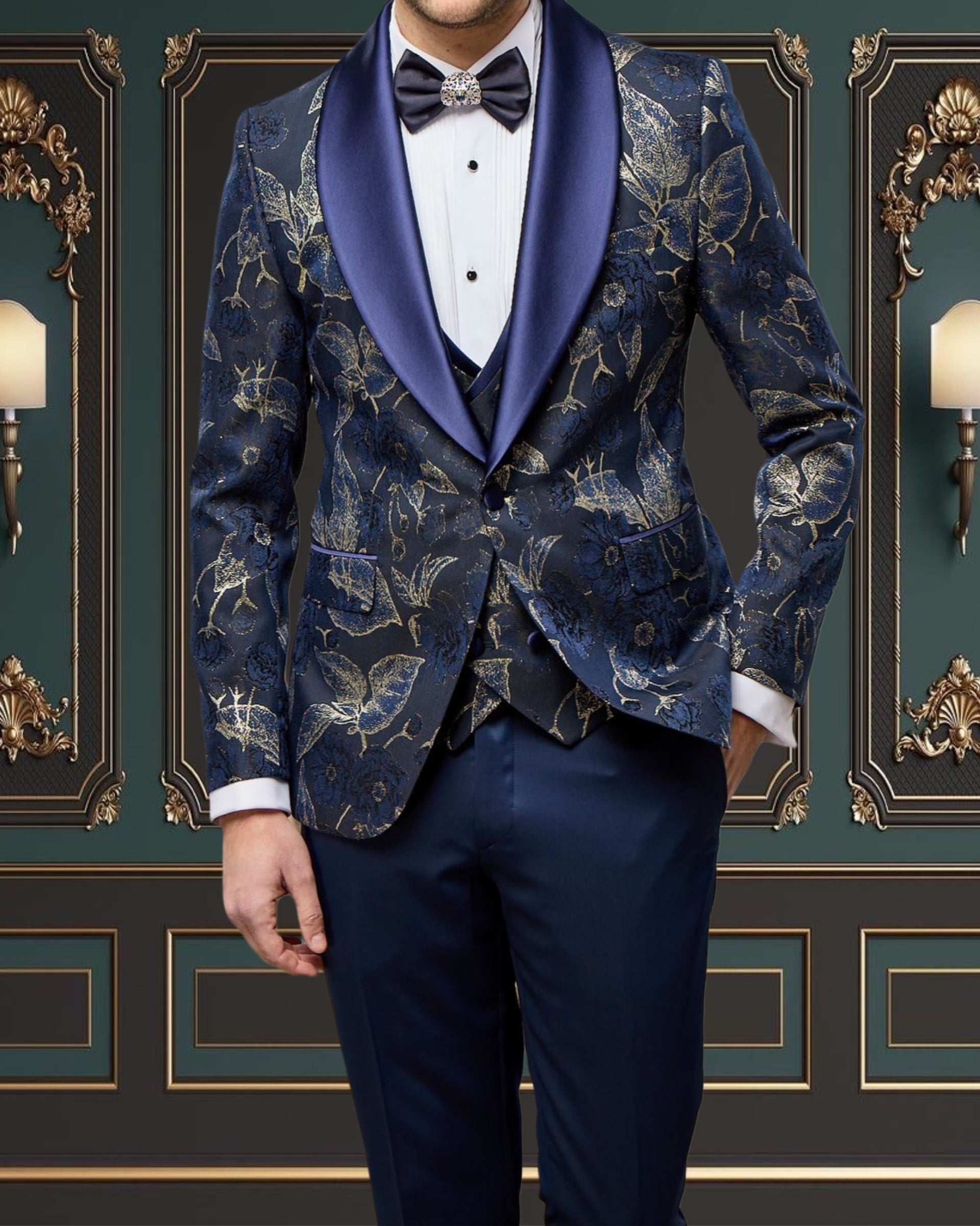 Mens Blue and Gold Floral Tuxedo | Wedding & Prom Suit 40 US Size | 50 European Size Mens Blue and Gold Floral Tuxedo | Wedding & Prom Suit 40 US Size | 50 European Size