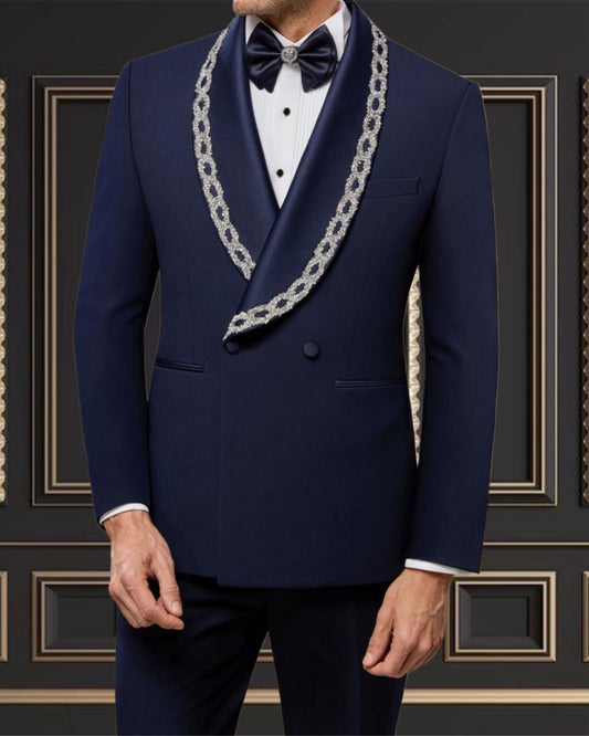 Men’s Navy Blue Tuxedo with Embroidered Shawl Lapel