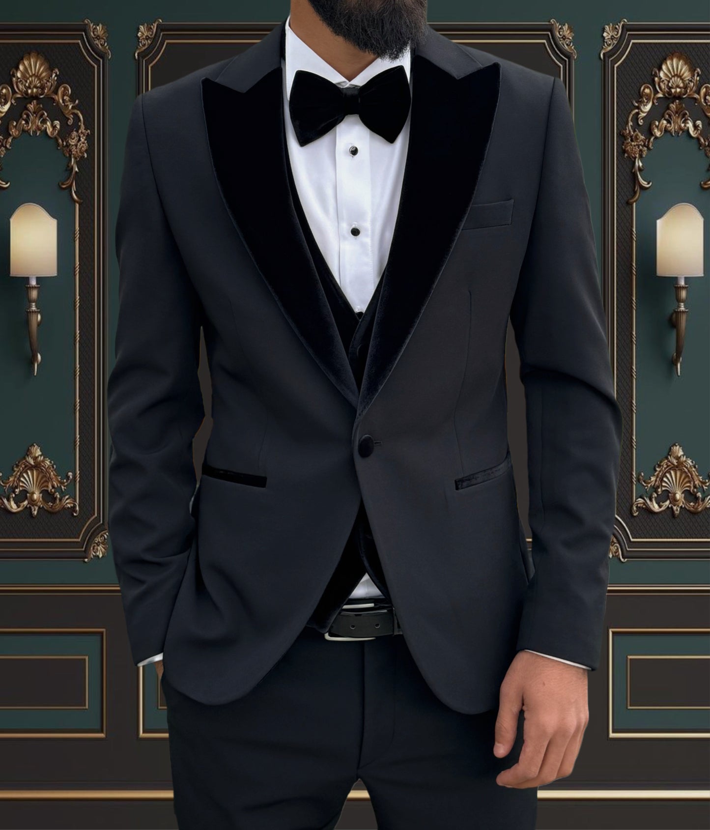 BLACK SLIM-FIT MENS TUXEDO 3 PIECE VELVET PEAK LAPEL