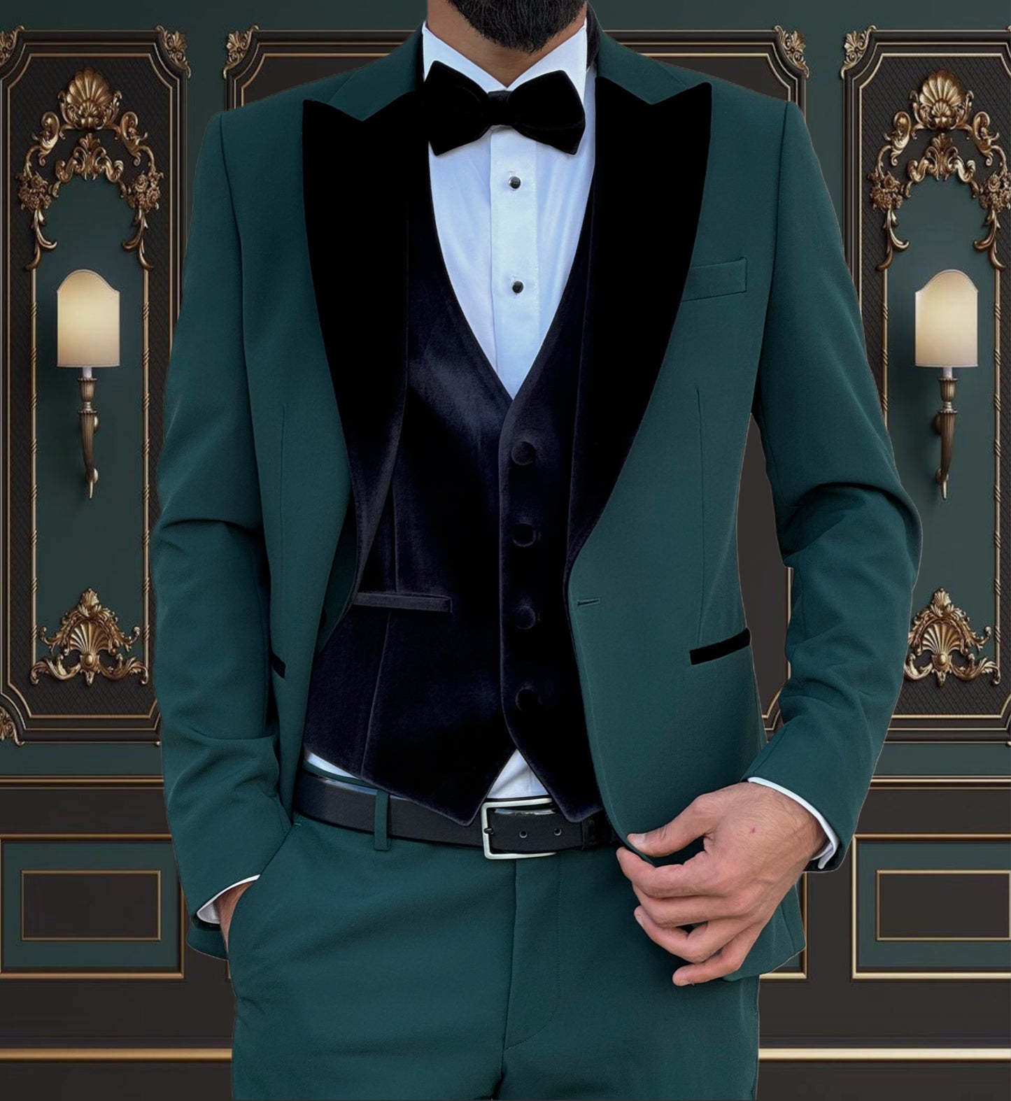 GREEN SLIM-FIT MENS TUXEDO 3 PIECE  VELVET PEAK LAPEL