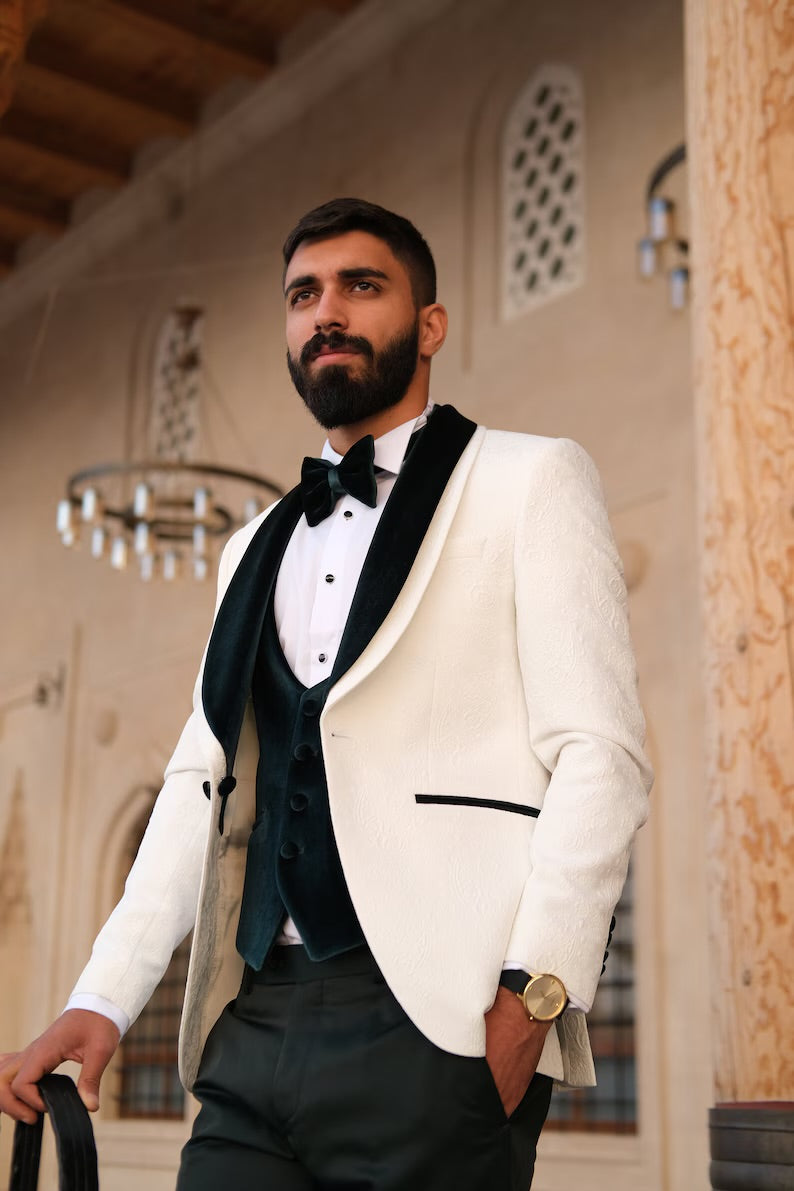 Men’s White Floral Tuxedo with Emerald Velvet Lapel, Vest & Dark Green Pants