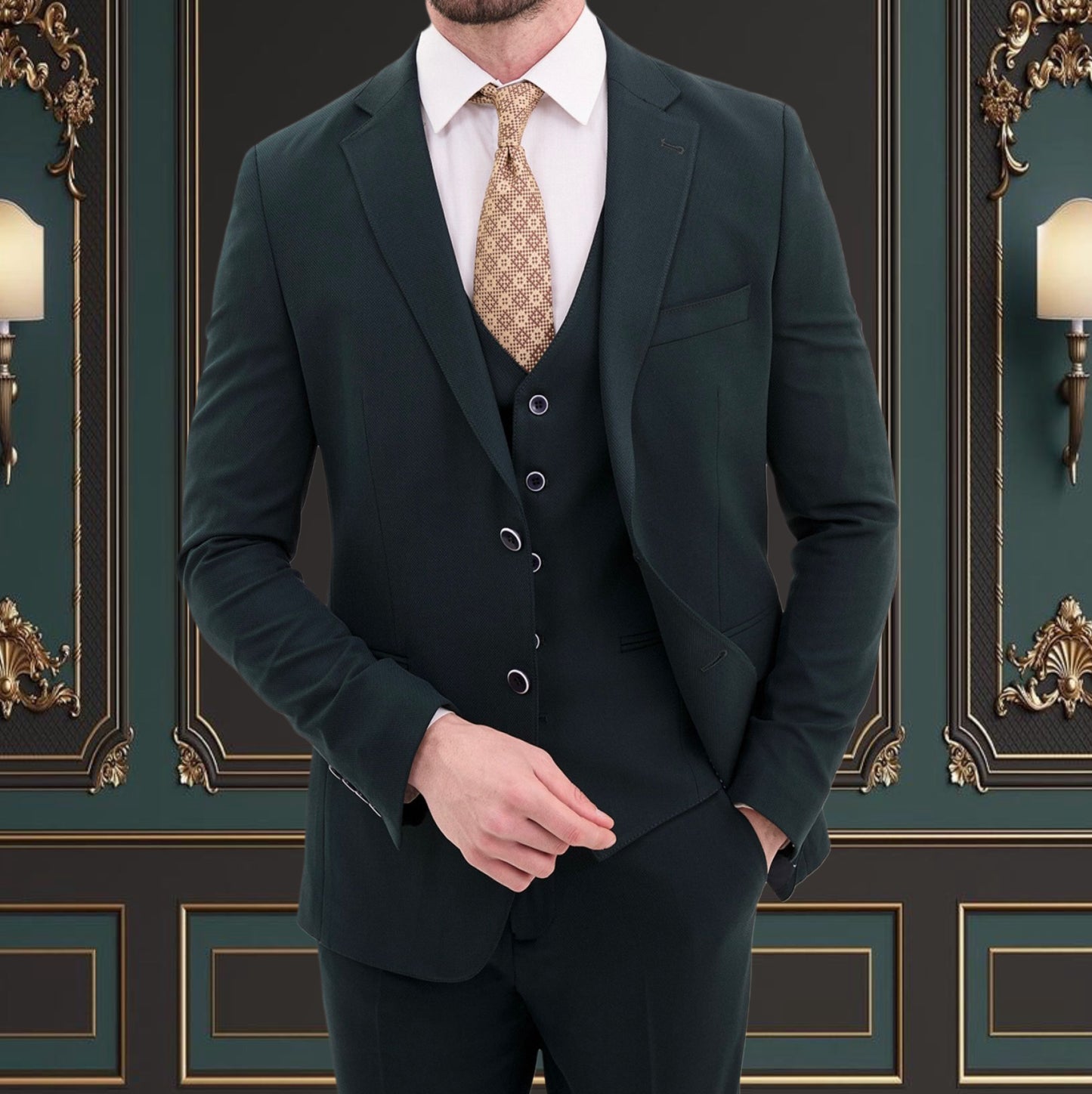 DARK GREEN SLIM-FIT MENS SUIT 3 PIECE PEAK LAPEL